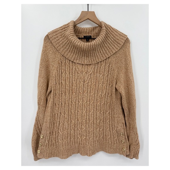 Talbots Sweater Womens Medium Tan Cable Knit Cowl Neck Button Accent Cotton - Picture 1 of 9